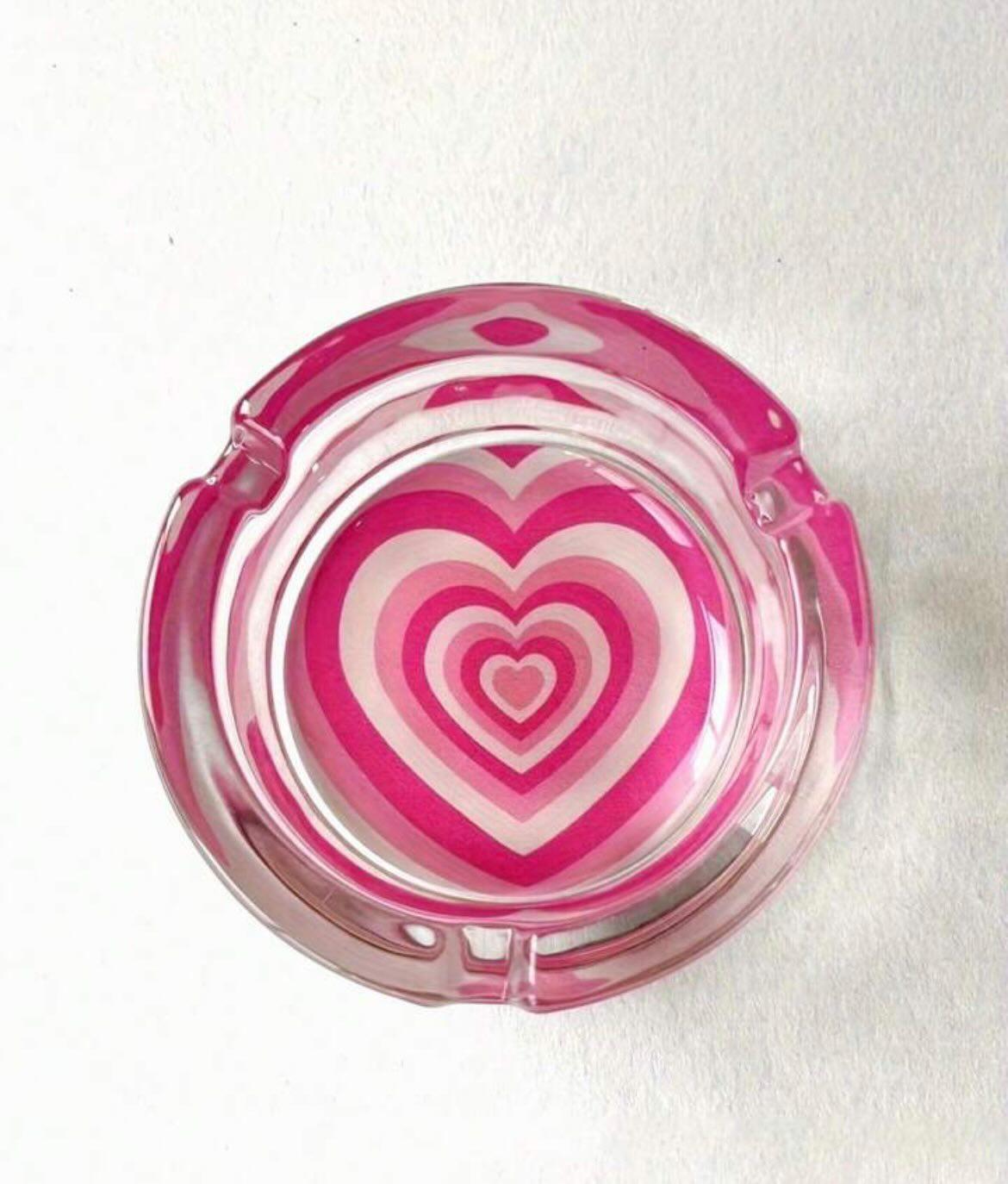 Cendrier en verre double cœur rose
