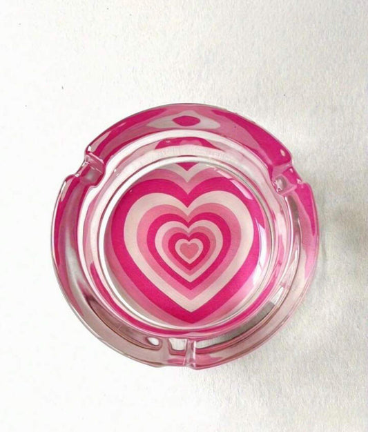 Cendrier en verre double cœur rose